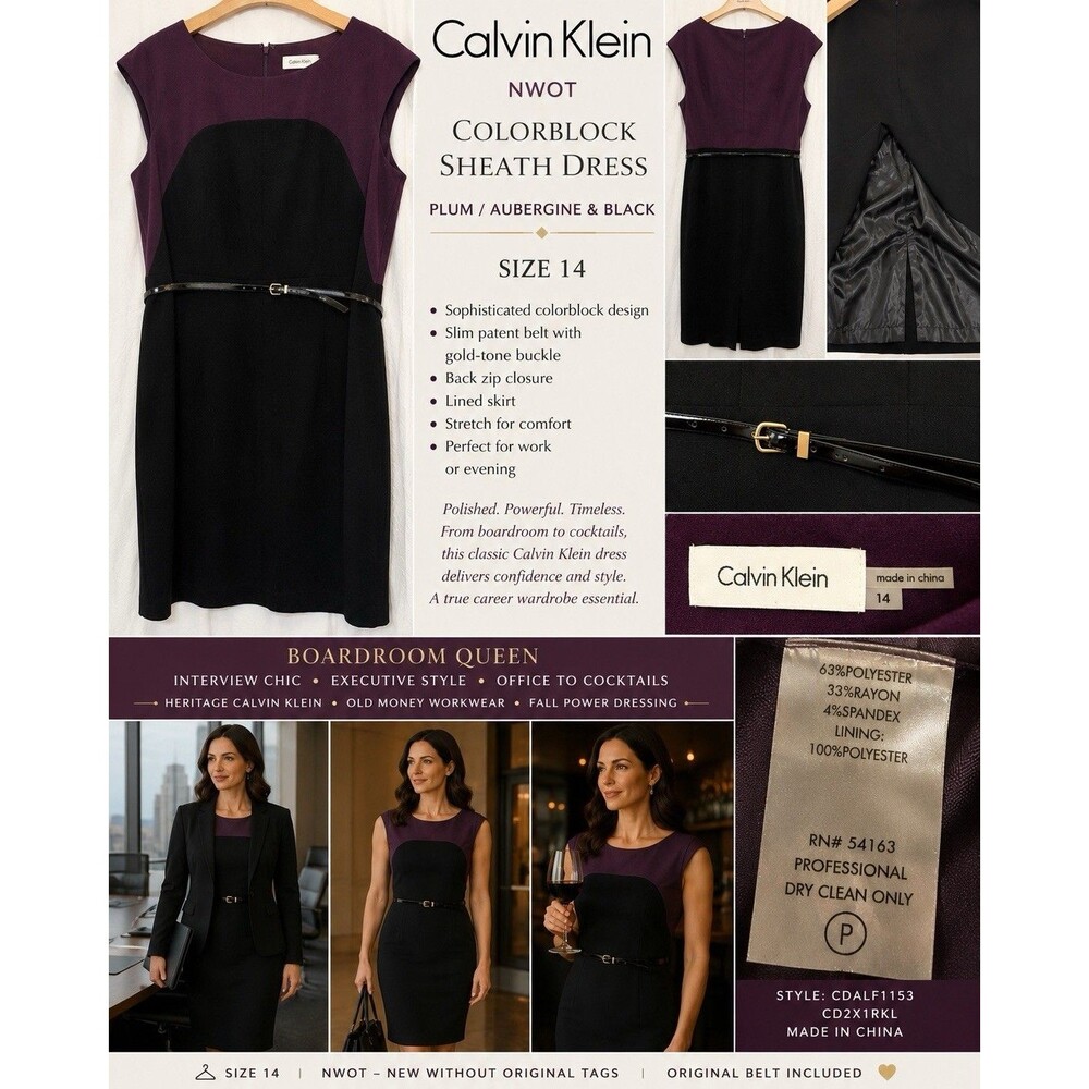 NWOT Calvin Klein 14 Plum Black Colorblock Sheath Dress Belted Career Cocktail